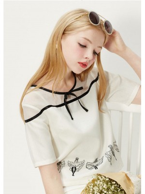 LD004-LADIES SHORT SLEEVED BOW-DETAILED TOP (WHITE) SIZE S